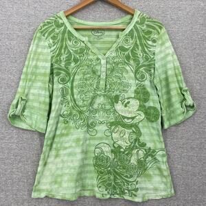 Disney Blouse Womens Small Green Mickey Mouse Top 1/4 Button Up Rolled Sleeves